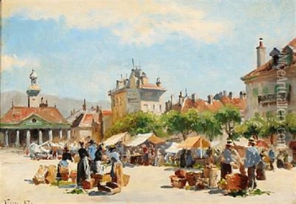 Market Day In Vevey In Switzerland Oil Painting - August Fischer