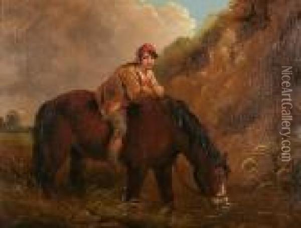 Young Boy On A Horse Before A Landscape Oil Painting - George Morland
