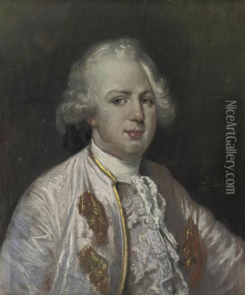 A Portrait Of A Gentleman, Half-length, Possibly King Louis Xvi, Wearing A Jacket Decorated With White Lace Oil Painting - Johann Baptist Lampi