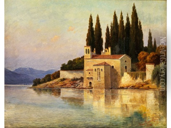 Sudliche Landschaft Mit Kirche Am See Oil Painting - Joseph Langl
