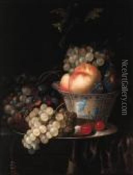 Peaches, Plums And Grapes In A 
Wan Li Kraak Porselein Bowl, Withgrapes And Cherries On A Pewter Plate, 
On A Draped Ledge Oil Painting - Jan Pauwel Gillemans The Elder