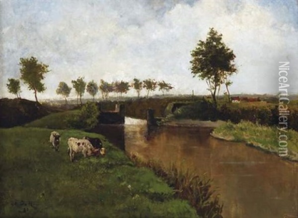 Vaches Au Bord Du Canal Oil Painting - Johannes Hubertus Leonardus de Haas