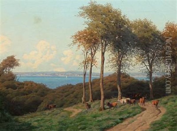 Summer Day, A Shepherd With His Cows, In The Background View To The Sea Oil Painting - Carl Frederik Bartsch