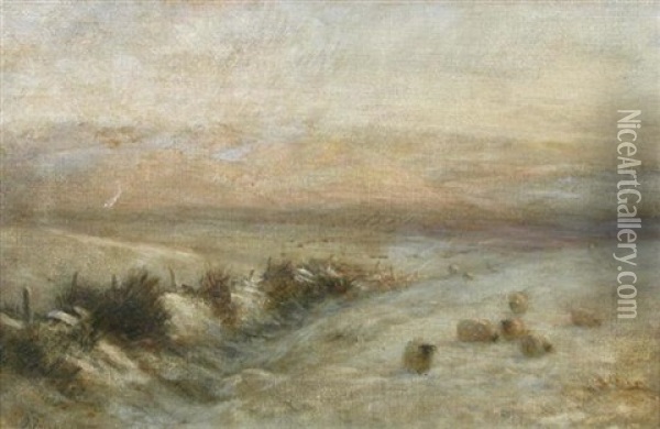 Sheep In The Snow At Sunset Oil Painting - Joseph Farquharson