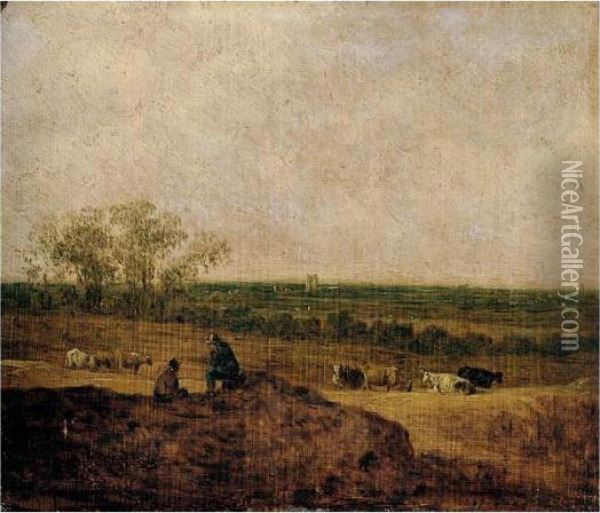 A Dune Landscape With Two 
Figures Conversing In The Foreground, Cattle Grazing In The Middle 
Distance, A Tower Beyond Oil Painting - Jan van Goyen