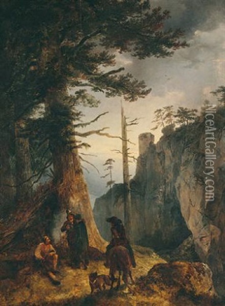 Jager Vor Einer Kohlerhutte Oil Painting - Friedrich Gauermann