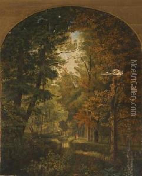 Forest Interior With Figures Beside A Stream Oil Painting - George Bacon Wood Jnr.