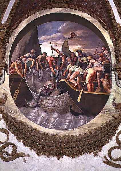 Scene showing that those born under the sign of Pisces in conjunction with the constellation of Belua are adept at fishing, symbolised by the capture of a sea monster, from the Camera dei Venti, 1528 Oil Painting - Giulio Romano (Orbetto)