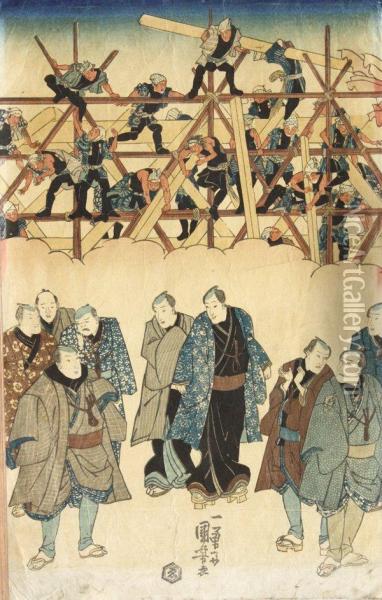 The First Depicting Carpenters Above Actors Oil Painting - Kikukawa Eizan