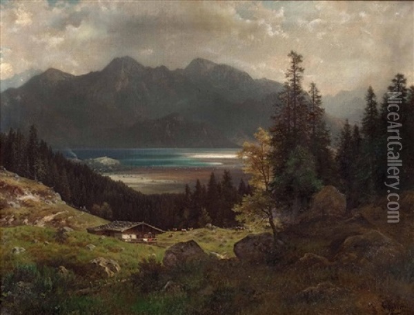 Auf Der Alm Mit Blick Auf Den Schliersee Oil Painting - Ludwig Skell
