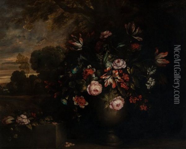 Floral Still Life In A Landscape Oil Painting - Jean-Baptiste Monnoyer