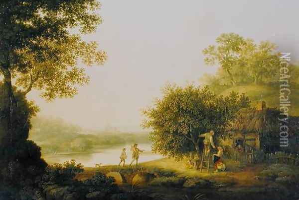 Applepickers, by a Cottage In A Wooded Landscape with Chichester Beyond Oil Painting - George, of Chichester Smith
