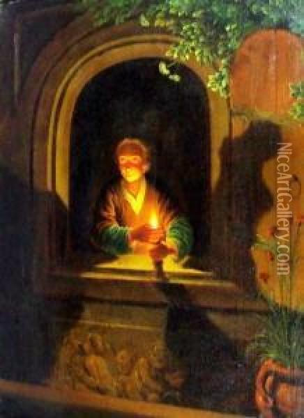 Junge Frau Am Fenster, Eine Kerze In Der Hand Haltend Oil Painting - Dominicus van Tol