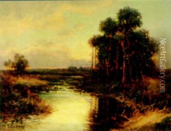 River Landscape At Sunset Oil Painting - Carl Brennir