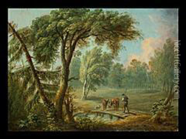 Landschaft Mit Hirte Und Kuhen Oil Painting - Ludwig Hess