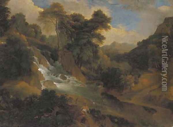 A wooded landscape with women by a waterfall Oil Painting - Jean-Francois Millet