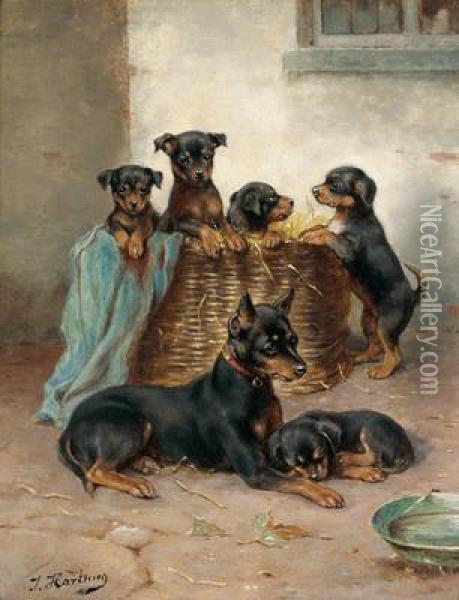 Mother Dog And Her Puppies Oil Painting - Johann Hartung