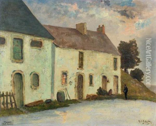 Abendlandschaft Mit Einem Bauernhaus. Oil Painting - Hippolyte Camille Delpy