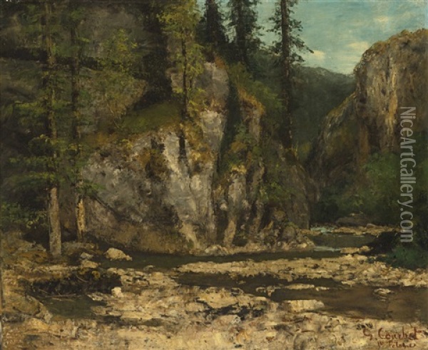 Mountainous Landscape With Stream Oil Painting - Gustave Courbet