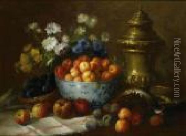 Nature Morte Aux Fruits, Faisans Et Bouquets De Fleurs Oil Painting - Edmond Van Coppenolle