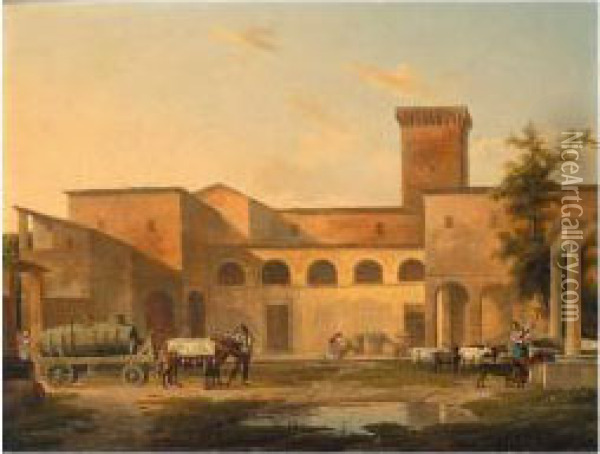The Courtyard Of A Monastery 
With A Woman Drawing Water From A Well And A Barrel Loaded On A Wagon 
Drawn By Oxen Oil Painting - Alexandre-Hyacinthe Dunouy