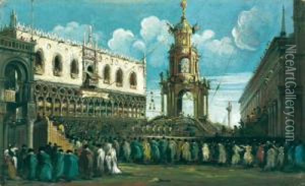 Das Fest Des Faschingsdonnerstags Auf Der Piazzettain Venedig Oil Painting - Gabriele Bella