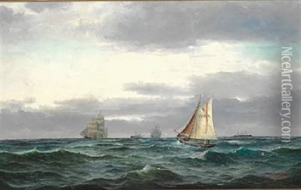 Marine With Several Ships, Gray Rainy Clouds And A Bit Of Blue Sky Oil Painting - Edvard Skari
