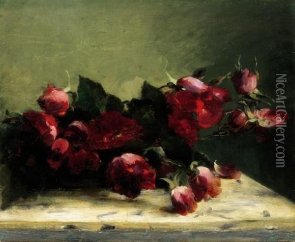 Still-life Of Roses, Early 1890s Oil Painting - Janos Vaszary