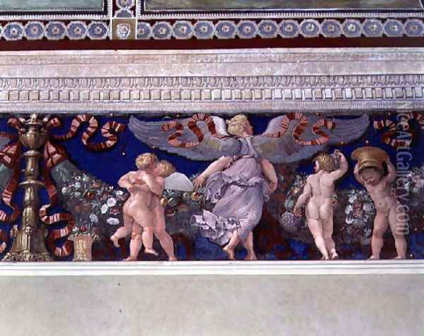 Frieze from the Camera con Fregio di Amorini Chamber of the Cupid Frieze detail of wrestling cupids, 1520s Oil Painting - Giulio Romano (Orbetto)