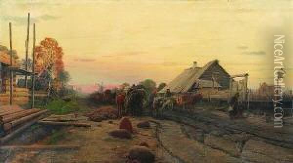 Russische Dorfstrase Bei
 Sonnenuntergangsstimmung Oil Painting - Oskar Adolfovitch Hoffmann