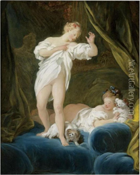 Two Girls On A Bed Playing With Their Dogs Oil Painting - Jean-Honore Fragonard