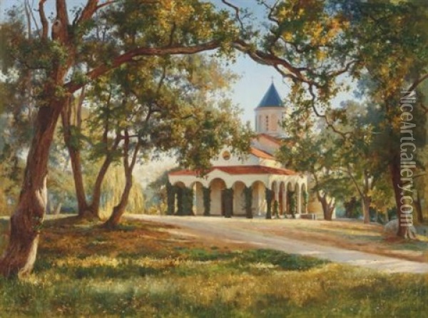 Church Of The Intercession Of Our Lady, Oreanda, Crimea Oil Painting - Iosif Evstafevich Krachkovsky