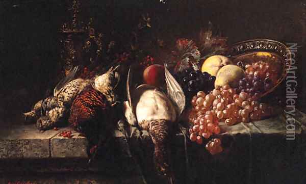 Pheasants, Woodcock, A Tankard And Fruit On A Table Oil Painting - Rene Gronland