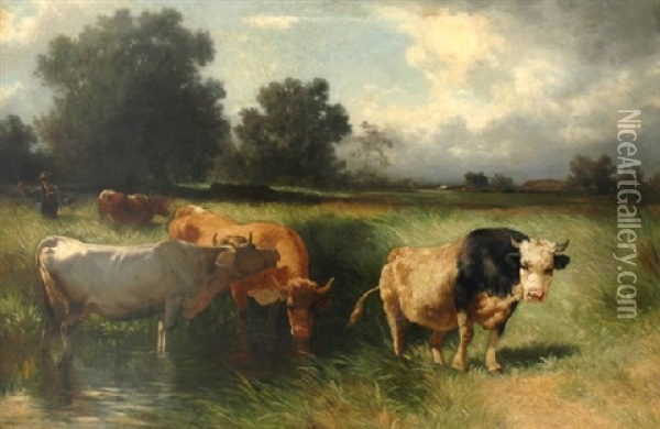 Herder And Cattle Oil Painting - Conrad Buehlmayer