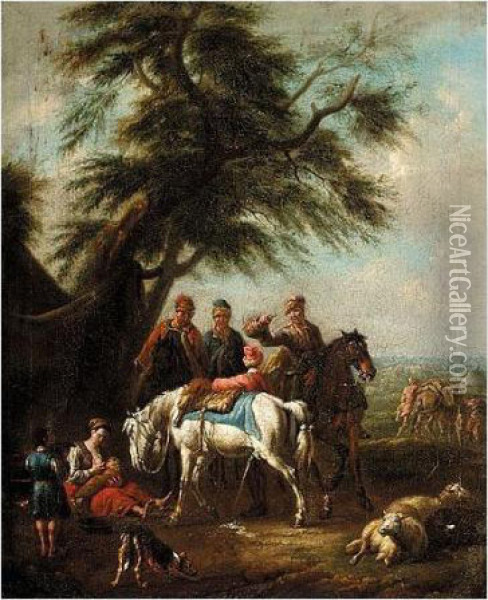 Landscape With Travellers And Horses Resting Under A Tree Oil Painting - Pieter van Bloemen