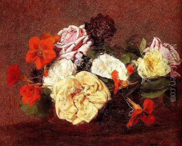 Bouquet Of Roses And Nasturtiums Oil Painting - Ignace Henri Jean Fantin-Latour