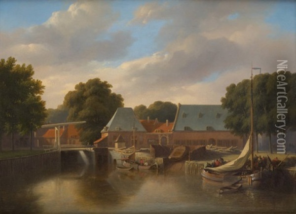 Barges Devant L'ecluse Oil Painting - Cornelis Kimmel
