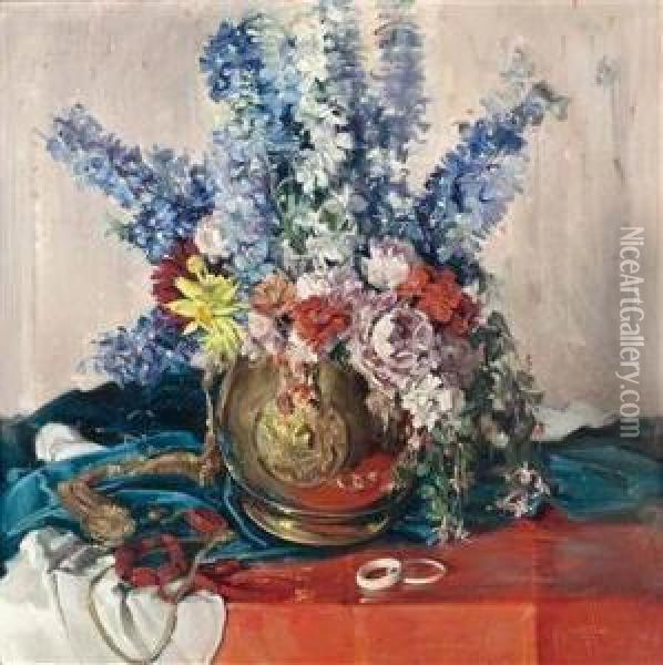 Stillleben Mit Blumen In Messingvase Und Schmuckstucken Oil Painting - Louis Hofbauer