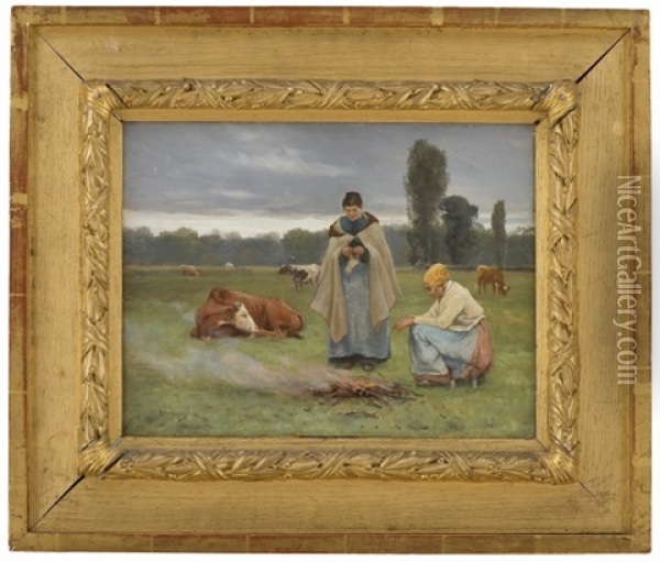 Milkmaids By The Fire In Grez Oil Painting - Christian Eriksen Skredsvig