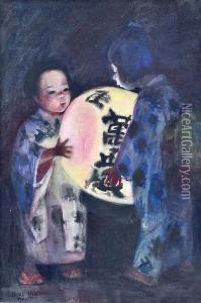 Children With A Japanese Lantern Oil Painting - Helen Hyde
