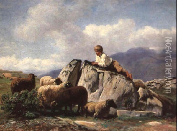 Der Schafhirte Auf Dem Felsen Oil Painting - Albert Lugardon
