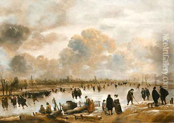 Landscape with skaters Oil Painting - Aert van der Neer