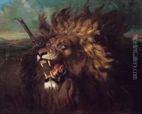 Wounded Lion Oil Painting - Raden Sjarief B. Saleh