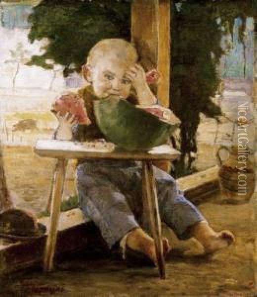 Boy On Th Terrace Oil Painting - Janos Tornyai
