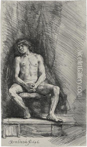 Nude Man Seated Before A Curtain Oil Painting - Rembrandt Van Rijn