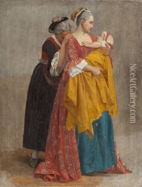 Zwei Frauen, Eine Ein Kleinkind Im Arm Haltend (study) Oil Painting - August Weckesser