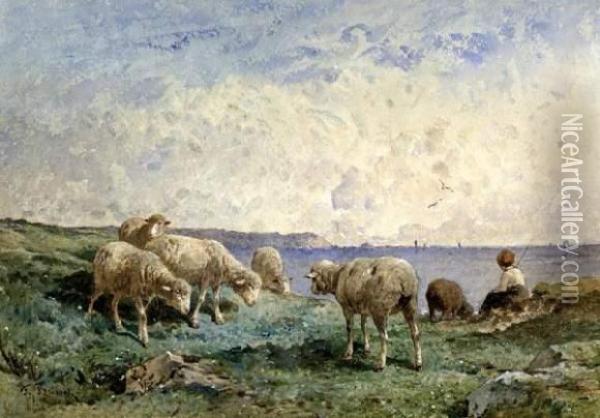 Farmer With Sheep By The Ocean Oil Painting - Felix Saturnin Brissot de Warville