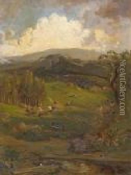 Cattle Grazing Among Rolling Hills And Cloudy Skies Oil Painting - William Keith