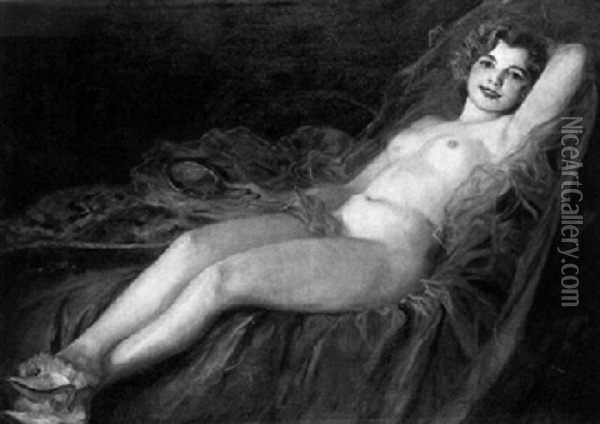 A Reclining Female Nude On A Bed Oil Painting - Richard Geiger