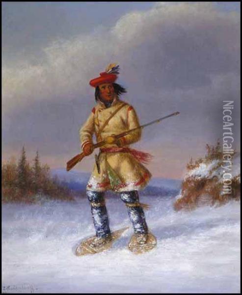 Indian Trapper With Red Feathered Cap In Winter Oil Painting - Cornelius Krieghoff